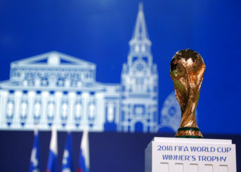 The World Cup trophy during the FIFA Congress just before the Championship’s inauguration in Moscow, Wednesday June 13, 2018. Photo: Pavel Golovkin / AP.