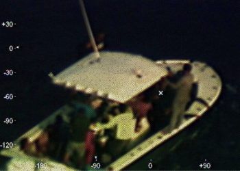 This photograph provided by the U.S. Coast Guard, captured by an airplane of that agency, shows a broken down boat located 210 kilometers (130 nautical miles) from the Yucatan Peninsula in Mexico, on Sunday, April 14, 2019. Photo: Third Class Petty Officer Brandon Giles/ U.S. Coast Guard via AP.