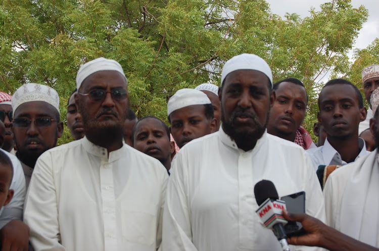 The president of the Muslim congregation of Garissa, Abdullahi Salat (right), speaks to the press on Sunday, April 14, 2019. Photo: Stephen Astariko.
