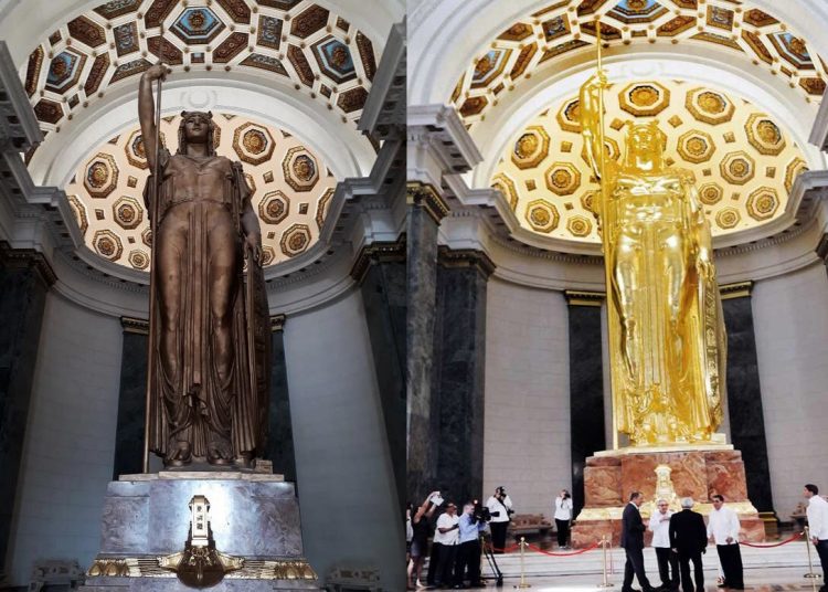 The before and after of the statue of the Republic, newly restored in Cuba’s Capitol building. Photos: Facebook Katherine Hechavarría.