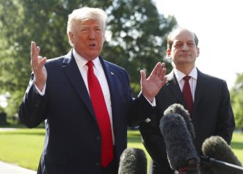 President Donald Trump speaking to the press along with Secretary of Labor Alex Acosta at the White House on Friday, July 12, 2019 in Washington. Photo: Andrew Harnik / AP.