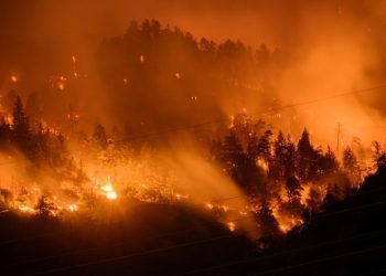 Smoke and flames rise from the burning forest in Bitsch, Switzerland. Photo: EFE/JEAN-CHRISTOPHE BOTT.