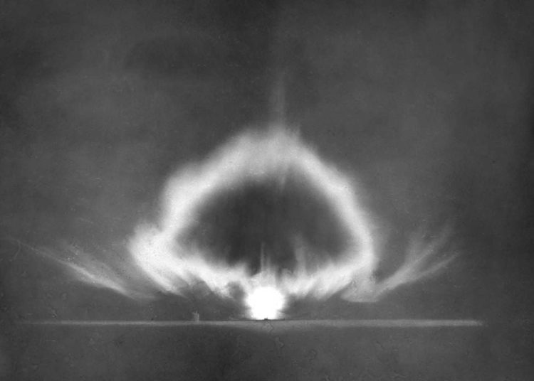 Long exposure photograph of the Trinity explosion seconds after detonation. July 16, 1945. The nuclear age had begun. Photo: rarehistoricalphotos.com