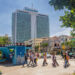 People walk around the Coppelia ice cream parlor and 23rd Street, in Vedado. Behind, the Habana Libre Hotel. Photo: Otmaro Rodríguez.