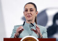 The president of Mexico, Claudia Sheinbaum, during her usual morning press conference at the National Palace in Mexico City. Photo: EFE/Isaac Esquivel.