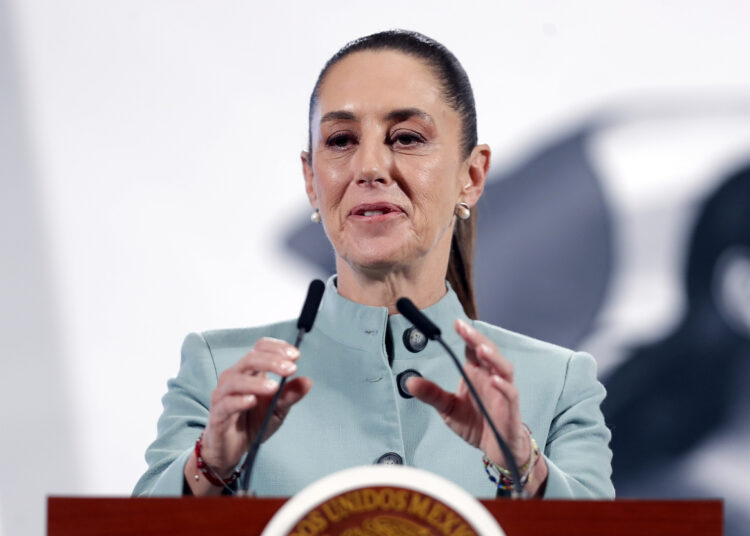 The president of Mexico, Claudia Sheinbaum, during her usual morning press conference at the National Palace in Mexico City. Photo: EFE/Isaac Esquivel.