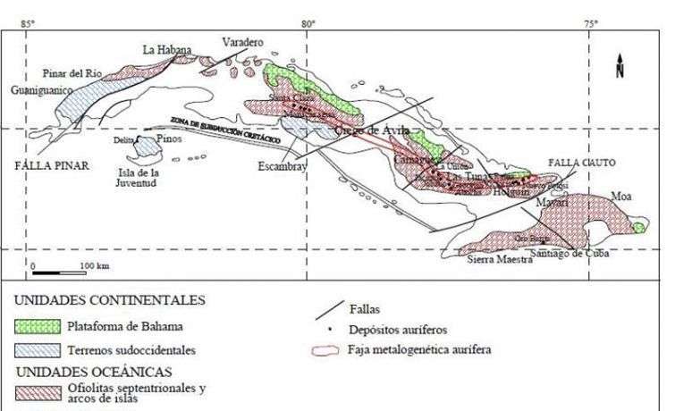 Cuba posee una extensa faja aurífera, que se extiende desde la provincia de Villa Clara hasta Holguín. Mapa elaborado con datos del Instituto de Investigaciones Minero Metalúrgicas.