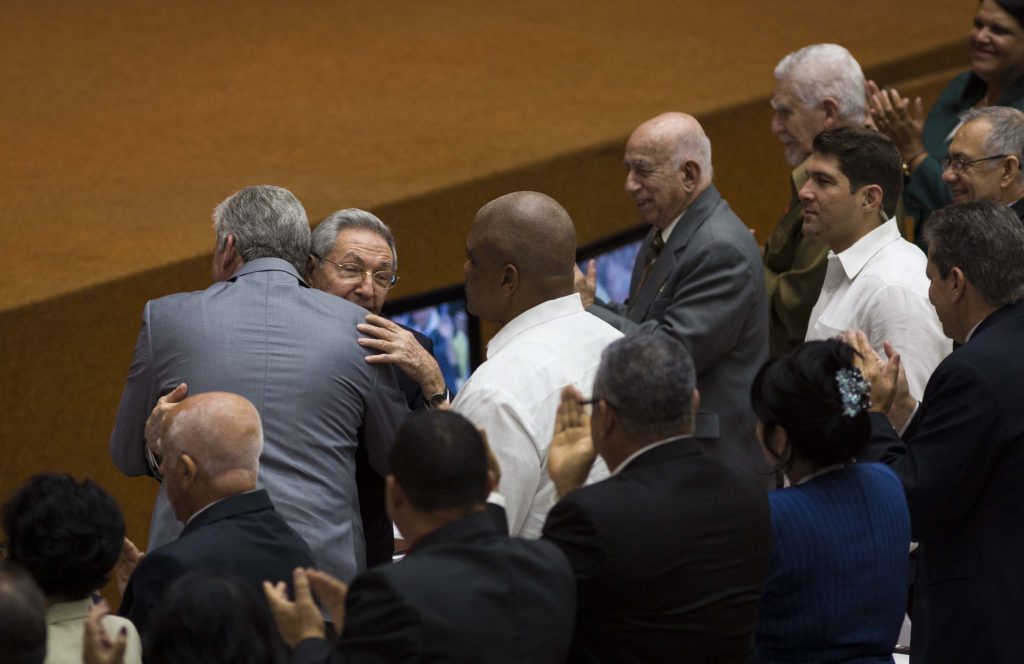 Castro embraces Miguel Díaz-Canel at the time of his nomination as a candidate to president of the Councils of State and of Ministers of Cuba, April 18. Photo: Courtesy of Cubadebate / EFE.