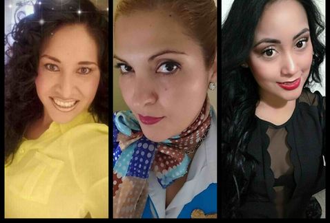 la sobrecargo mayor María Daniela Ríos, las sobrecargos Abigail Hernández y Guadalupe Beatriz Limón