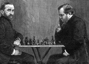Zukertort, a la izquierda, durante su match contra Steinitz.