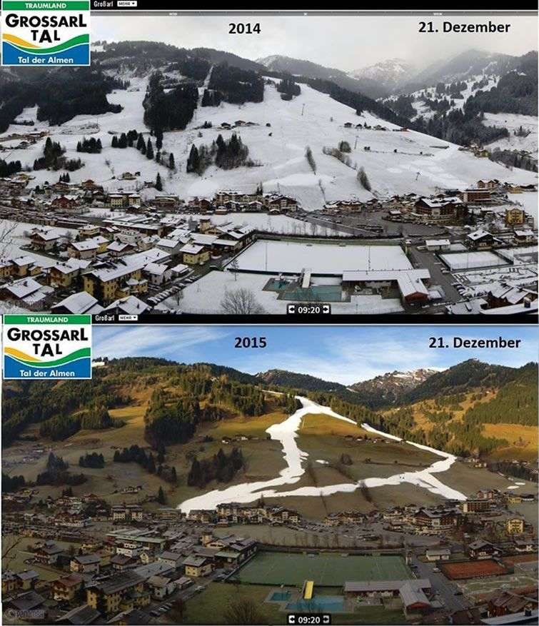 Elocuentes imágenes que han sido tomadas el mismo día y en el mismo lugar, diciembre 21, pero la de arriba es del pasado 2014, mientras que la de abajo es de este 2015. Son las condiciones dadas en el sitio de deportes de invierno en Grossarltal, en el centro de Austria. Obsérvese la gran diferencia en las áreas cubiertas por la nieve y la vegetación en el 2014 y ahora en el 2015 (Fotos: ZAMG, cortesía Maximiliano Herrera)