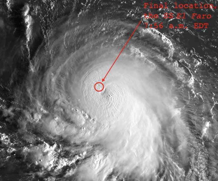Huracán Joaquin visto por el satélite GOES-East, a las 7:45 am, hora de Verano, el 1 de octubre de 2015. Joaquin era en ese momento un huracán categoría 2 que se estaba intensificando. En la imagen se observa con un círculo rojo la última posición del carguero El Faro, en la pared noroeste del ojo de Joaquín. Foto: United States Navy and NOAA.