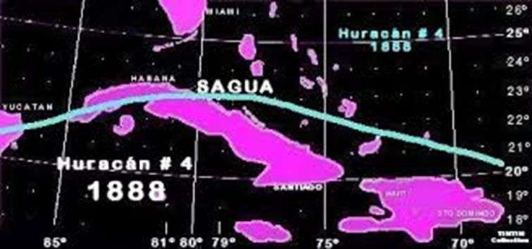 Trayectoria del Huracán #4 de 1888, llamado el Huracán o Ciclón de Faquineto. Con trayectoria al oeste-suroeste, penetró en Cuba por Sagua La Grande y salió por Pinar del Río, azotando así a toda la mitad occidental de Cuba.
