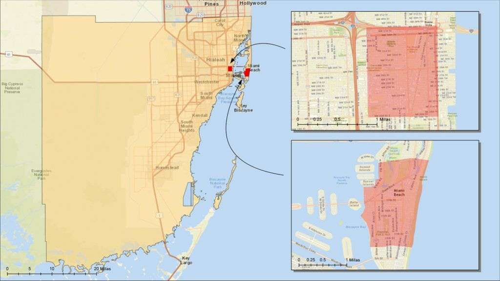 Área de Miami, FL donde el virus del Zika está siendo transmitido a través de mosquitos. Imagen: CDC.