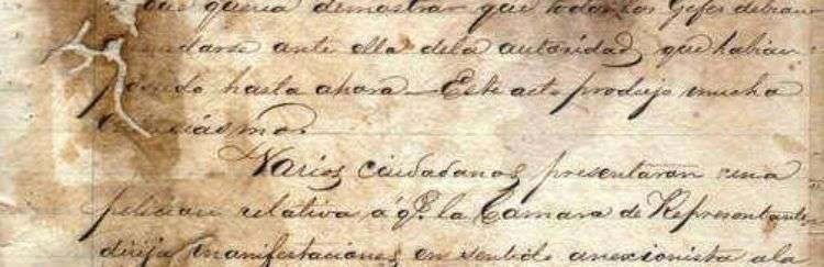 Copia del acta original. Cámara Constituyente. Guáimaro, 11 de abril de 1869. Fuente: Archivo Nacional.