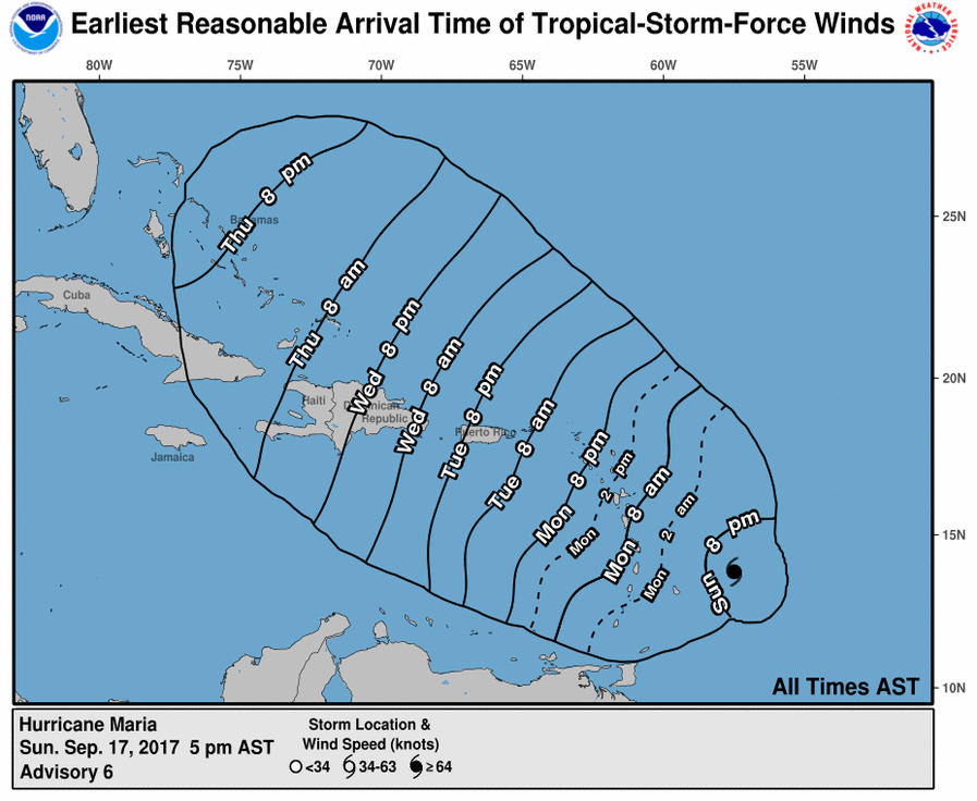 Pronóstico del curso de los vientos de tormenta tropical del huracán María. Fuente: NHC.