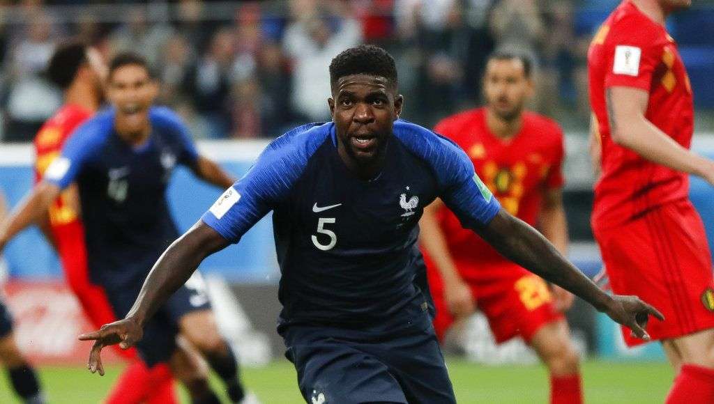French Samuel Umtiti after scoring the first goal of his team in the game against Belgium in the semifinals of the World Championship in St. Petersburg, Russia, Tuesday July 10, 2018. Photo: Natacha Pisarenko / AP.
