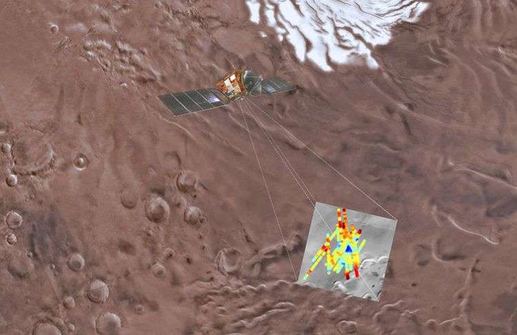 Esta imagen proveída por ESA/INAF muestra ua representación artística de la sonda Mars Express examinando el hemisferio sur de Marte. El triángulo azul en la parte baja a la derecha indica un área de gran reflectividad, muy probablemente causada por la presencia de agua debajo de la superficie. Imagen: Davide Coero Borga / INAF / ESA vía AP.