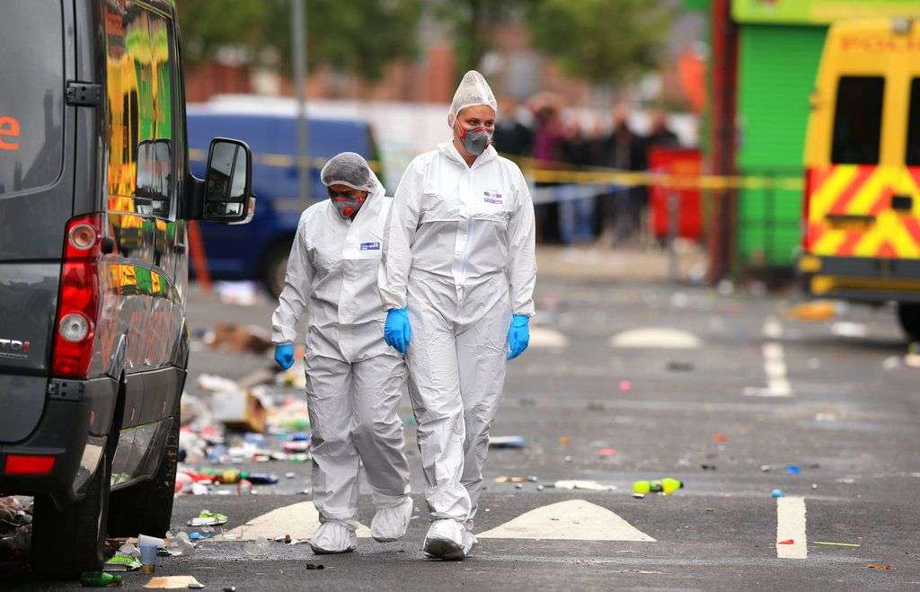 La escena después de la balacera en un festival caribeño en Manchester, Inglaterra el 12 de agosto de 2018. Foto: Peter Byrne / PA vía AP.