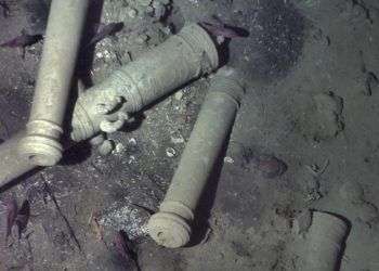 Cañones de más de 300 años descansan en el fondo del Mar Caribe colombiano en el galeón español San José. Foto: Woods Hole Oceanographic Institution via AP.