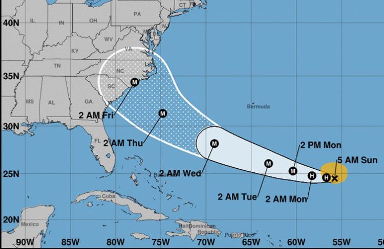 Cono de trayectoria pronosticada para le tormenta Florence. Gráfico: National Hurricane Center.