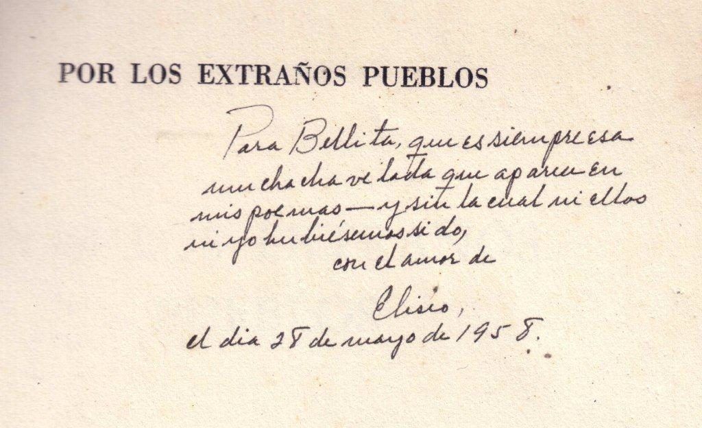 Dedicatoria de Eliseo Diego a su esposa, Bella García-Marruz. Foto: Archivo familiar.