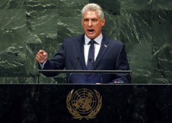 El presidente de Cuba, Miguel Díaz-Canel, se dirige a la 73ª sesión de la Asamblea General de las Naciones Unidas en la sede de la ONU, el miércoles 26 de septiembre de 2018. Foto: Richard Drew / AP.