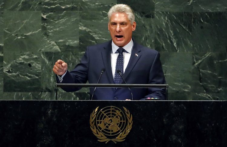 El presidente de Cuba, Miguel Díaz-Canel, se dirige a la 73ª sesión de la Asamblea General de las Naciones Unidas en la sede de la ONU, el miércoles 26 de septiembre de 2018. Foto: Richard Drew / AP.