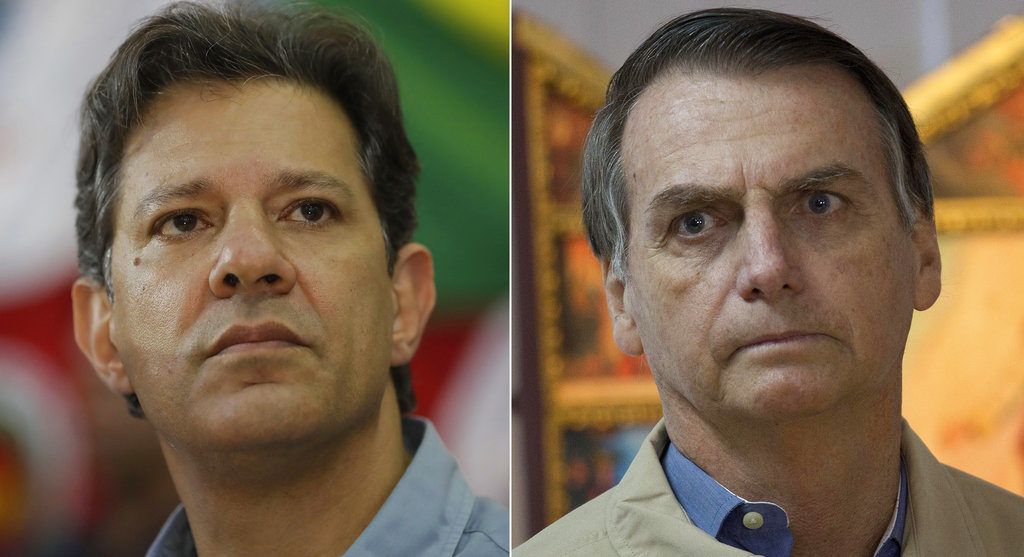 Los candidatos a la presidencia de Brasil Fernando Haddad (izquierda), del Partido de los Trabajadores; y su rival en el balotaje y favorito en las encuestas, Jair Bolsonaro. Foto: Andre Penner, Silvia Izquierdo / AP.