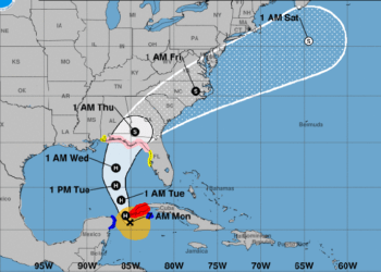 Cono de trayectoria pronosticada para la tormenta tropical Michael. Infografía: nhc.noaa.gov