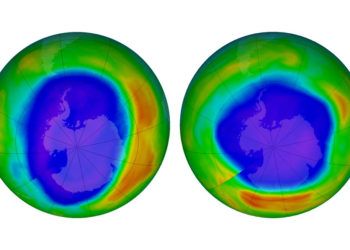 En esta combinación de imágenes proporcionada por la NASA se muestran zonas de bajo potencial de agotamiento de la capa de ozono sobre la Antártida en septiembre de 2000 (izquierda) y en septiembre de 2018. Foto: NASA vía AP.