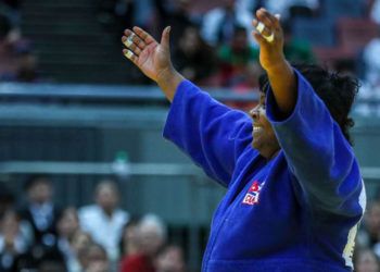 La judoca cubana Idalis Ortiz celebra su triunfo en el Grand Slam de Osaka, Japón, en noviembre de 2018. Foto: ijf.org / Archivo.