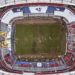 La fotografía tomada desde el aire el martes 13 de noviembre de 2018 muestra el maltrato de la cancha del Estadio Azteca. (AP Foto/Christian Palma)