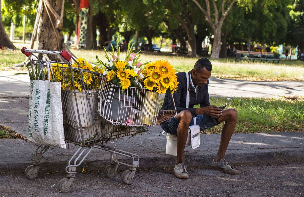 Un vendedor de flores se toma un descanso para navegar en internet con su teléfono móvil en La Habana, Cuba, el 6 de diciembre de 2018. Foto: Desmond Boylan / AP.