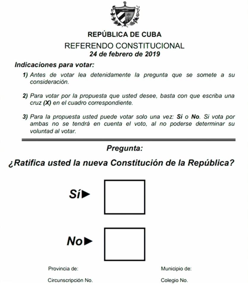 Boleta utilizada en el referendo sobre la nueva Constitución de Cuba. Foto: Radio Guamá / Twitter.