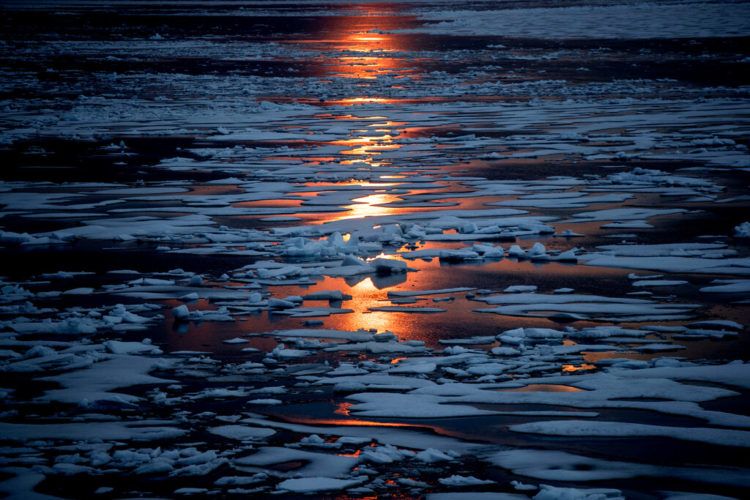 El sol de medianoche brilla a través del hielo marino en el Pasaje Noroccidental en el Archipiélago Ártico Canadiense en 2017. Foto: David Goldman / AP.