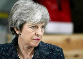 La primera ministra británica Theresa May habla en Grimsby, noreste de Inglaterra, el viernes 8 de marzo de 2019. Foto: Christopher Furlong / PA vía AP.