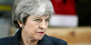 La primera ministra británica Theresa May habla en Grimsby, noreste de Inglaterra, el viernes 8 de marzo de 2019. Foto: Christopher Furlong / PA vía AP.