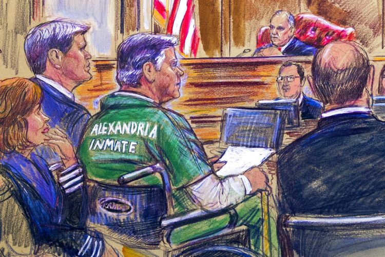 En este boceto se muestra al exdirector de la campaña presidencial de Donald Trump, Paul Manafort, en una silla de ruedas durante su audiencia de sentencia en un tribunal federal de Alexandria, Virginia, el jueves 7 de marzo de 2019. Foto: Dana Verkouteren vía AP.