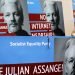 Manifestantes con carteles con la imagen del fundador de WikiLeaks, Julian Assange, protestan en la entrada del tribunal de Westminster, en Londres, el 2 de mayo de 2019. Foto: Frank Augstein / AP.