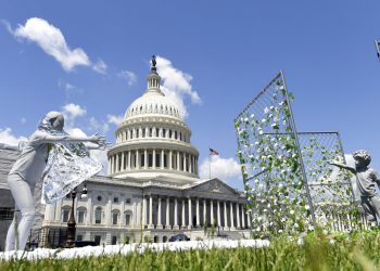 Una muestra artística, consistente de una madre que intenta alcanzar a su hijo, es exhibida afuera del Capitolio, en Washington, el martes 7 de mayo de 2019, para conmemorar el primer aniversario de la política de “cero tolerancia” del gobierno del presidente Donald Trump para la separación de familias de inmigrantes. Foto: Susan Walsh / AP.