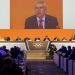 El presidente del Comité Olímpico Internacional, Thomas Bach, habla durante la reunión anual del organismo en Lausana, Suiza, el martes 25 de junio de 2019. (Jean-Christophe Bott/Keystone via AP)