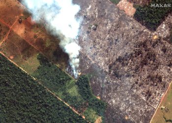 Esta imagen satelital del 15 de agosto de 2019 de Maxar Technologies muestra una vista de cerca de un incendio al suroeste de Porto Velho, Brasil. El Instituto Nacional de Investigación Espacial de Brasil, una agencia federal que monitorea la deforestación y los incendios forestales, dijo que el país ha visto un número récord de incendios forestales este año hasta el martes 20 de agosto. (Imagen de satélite © 2019 Maxar Technologies vía AP).