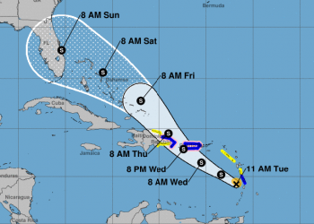 Cono de trayectoria pronosticada de la tormenta tropical Dorian, el martes 27 de agosto de 2019. Infografía: nhc.noaa.gov