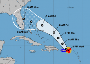 Cono de trayectoria pronosticada de la tormenta Dorian, ya convertida en huracán, el miércoles 28 de agosto de 2019. Infografía: nhc.noaa.gov