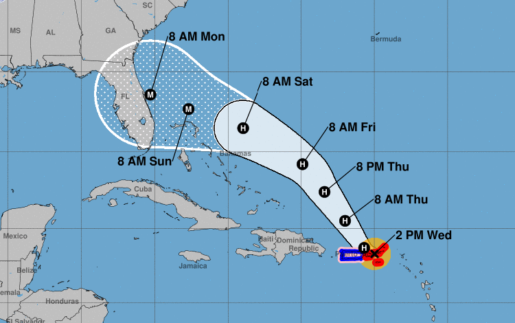 Cono de trayectoria pronosticada de la tormenta Dorian, ya convertida en huracán, el miércoles 28 de agosto de 2019. Infografía: nhc.noaa.gov