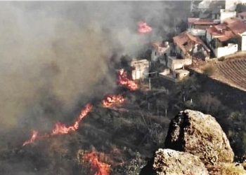 En esta foto difundida por el cabildo de Gran Canaria se ve un incendio cerca de unas casas en El Rincón, en la isla de España, el domingo 18 de agosto de 2019. Foto: Cabildo de Gran Canaria vía AP.