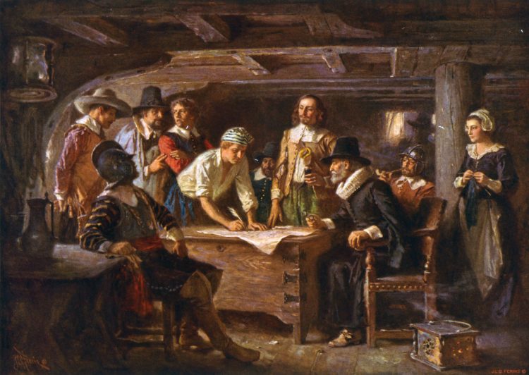 La firma del Pacto de Mayflower en 1620, una pintura de Jean Leon Gerome Ferris 1899.