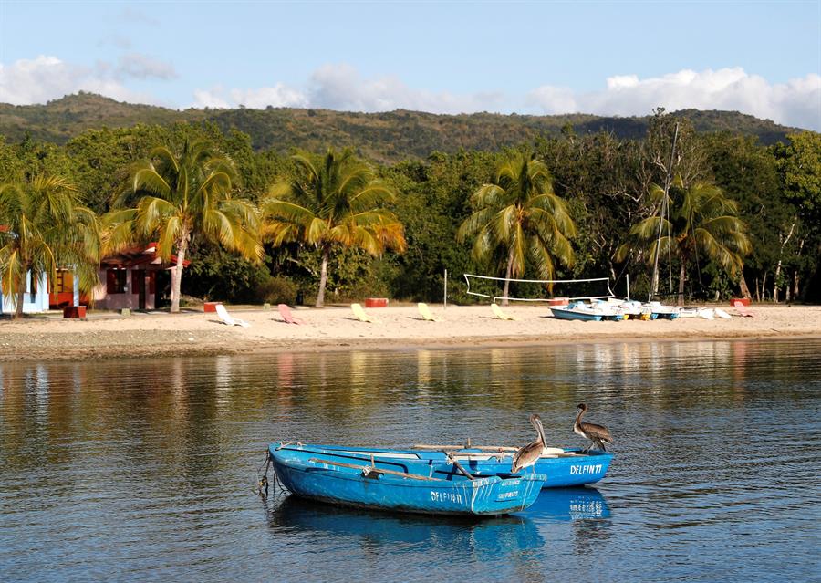 Fotografía del 16 de enero de 2020 que muestra dos pelícanos posados en dos botes, en la Villa Guajimico, en Cienfuegos. EFE/ Yander Zamora