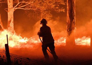 Un bombero trata de apagar el fuego en Nowra, Nueva Gales del Sur, Australia, el martes 2 de enero. Foto: El País